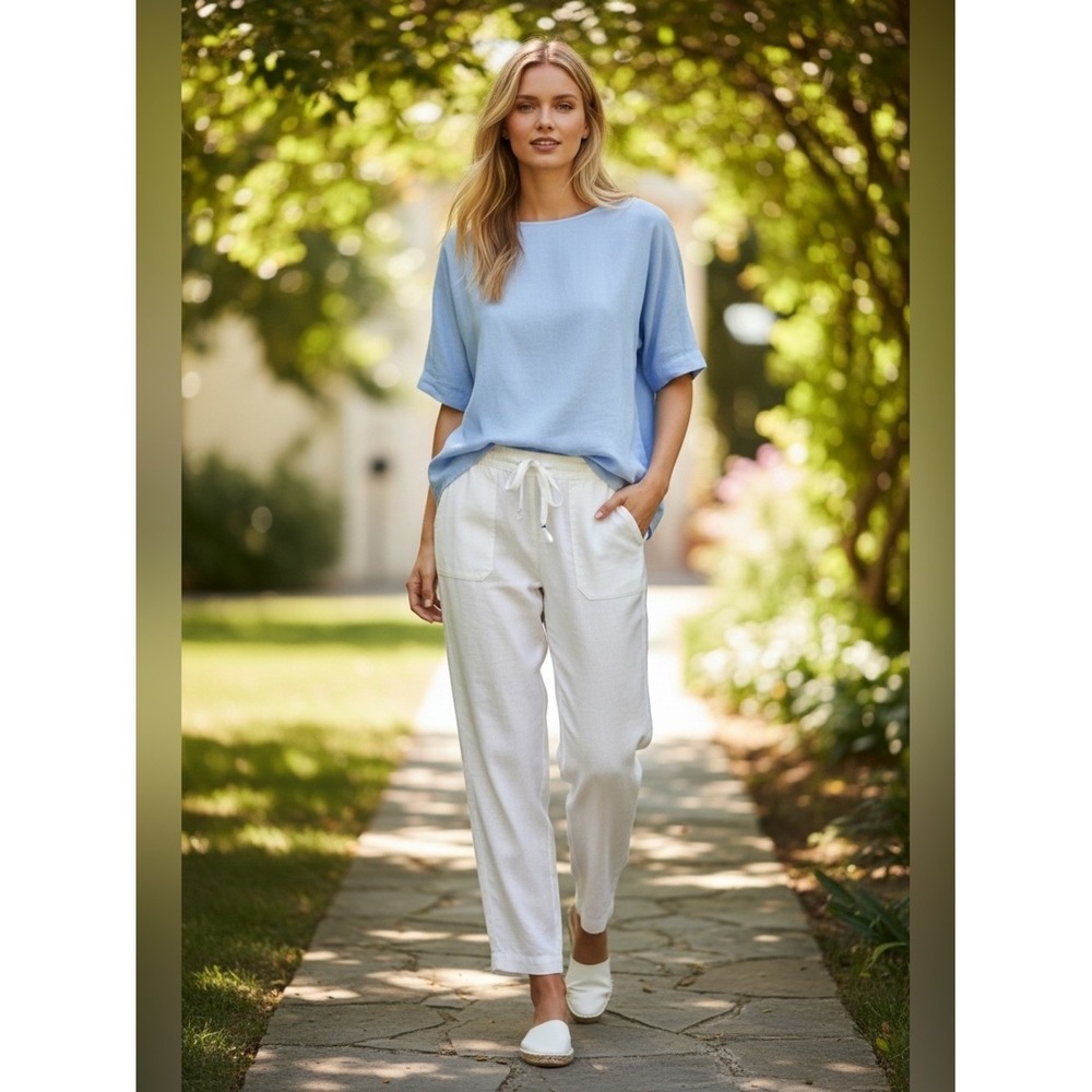 Mod-o-Doc Women's White Linen Blend Drawstring Wide Leg Casual Pants Size S NWT